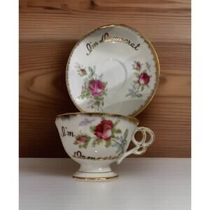 Norcrest I’m Democrat TeaCup Saucer Roses Gold 210 Tea Democratic Election